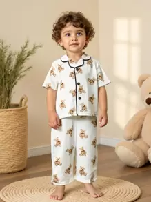 Schattig beerpatroon reversknoop zacht comfortabel nachtkleding 2-delige set (shirt + broek), babyjongen