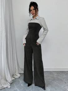 Selianne Casual Versatile Commuter Split Color Striped Jumpsuit With Button Placket, Autumn/Winter Fall Cloth For Women - Black - View 4