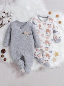SHEIN 2pcs Baby Romper Set, Cute Sloth Print, Long Sleeve Jumpsuit, Fall New Arrivals - Multicolor - View 1