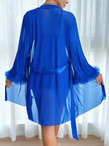 Slumberist 2pcs Set: Fishbone Waist Lace Camisole Nightgown And Wide Sleeve Tulle Lace Trim Robe - Royal Blue - View 2