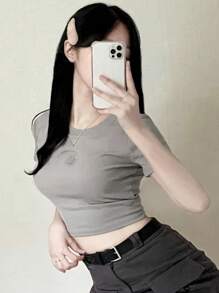 DAZY 女士纯色刺绣短款 T 恤 夏季