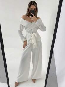 Aloruh 新款春季简约通勤纯白色露肩收腰上衣和直筒裤百搭两件套，适合办公室 - 白色 - 查看 3