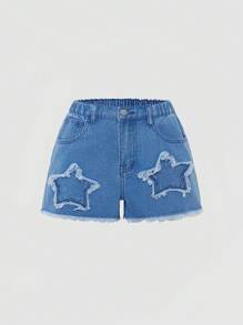 Tween Girl Star Pattern Minimalist Fashion Denim Shorts - Medium Wash - View 3