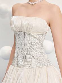 女士热带植物印花荷叶边抹胸花卉派对礼服，婚礼宾客礼服音乐节春夏，适合鸡尾酒会