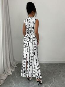 Elenzga Women Blue & White Flower Elegant Sleeveless Bodycon 2 Pieces Set