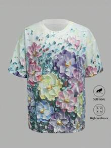 INAWLY 女士圆领短袖优雅花卉图案上衣，春夏针织套头衫秋冬 - 彩色 - 查看 1