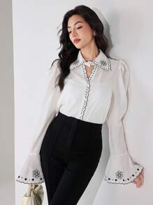 Modelyn Women's Hollowed-Out Collar, Scallop Trim, Bell Sleeve, Pearl Button, Embroidered Blouse