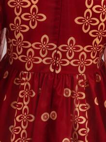 SHEIN 年轻女孩翡翠绿色束腰外衣 Abaya Kaftan Jalabiya 优雅金箔图腾复古印花长袍配金色饰边腰带和金色复古印花长袍套装、派对、旅行、时尚 - 酒紅色 - 查看 5