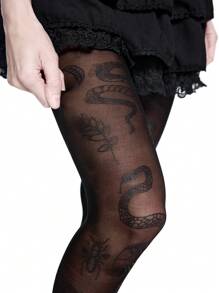 ROMWE Grunge Punk 1pc Creative Snake Print Tights, Casual Everyday Wear - Black - View 2