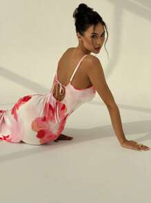 Aloruh 春夏季度假女士细肩带露背紧身花卉印花连衣裙 - 粉色 - 查看 2