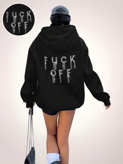 Hanevo Tropiluxe Women's Casual Everyday Rhinestone Letter Graphic Loose Hoodie Sweatshirt, Autumn Thermal Fall Cloth For Women