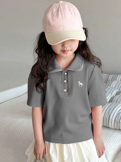 Dazy Kids 年轻女孩独角兽印花 Polo 领短袖休闲宽松 T 恤，女孩夏季服装