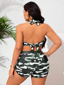 SHEIN Swim Curve Plus Size 2pcs Women Colorful Striped Splice V-Neck Halter Crop Top Paired With High Waist Shorts Sexy Beach Vacation Swimwear Set