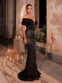 Glamrae 优雅奢华露肩亮片花朵拼接弹力缎面垂坠鱼尾裙，带可拆卸裙裾，适合婚礼、派对、单身派对、度假、舞会礼服、婚礼宾客礼服、礼服、晚礼服 - 黑色 - 查看 5