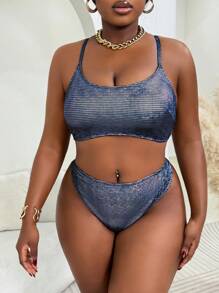 SHEIN Slayr CURVE 大码女式 2 件装巨型海滩度假金属面料宽绑带背带比基尼套装