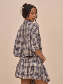 MUSERA Boxy Fit Collared Button Up Plaid Flannel Cropped Mid Sleeve Shirt Spring Summer Cute Street Style