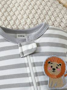 SHEIN Baby Boys' Lion Embroidered Striped Zip-Front Footed Pajamas - Multicolor - View 5