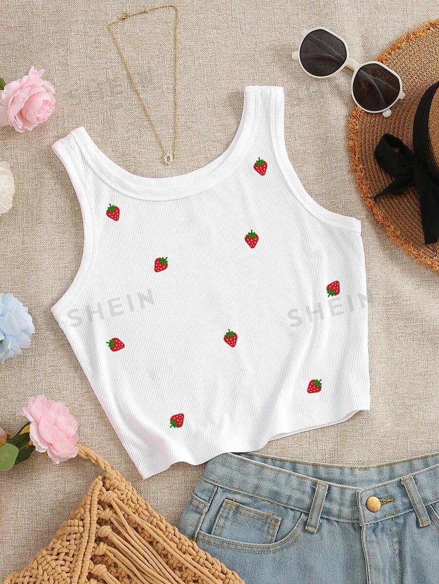 INAWLY Maiou de damă cu broderie cu căpșuni - alb - Vizualizare 1