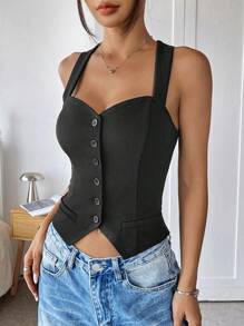 SHEIN EZwear Women's Black Single-Breasted Open Front Suit Vest - Black - View 4