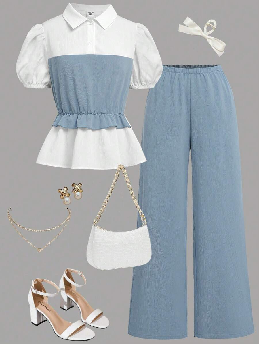SHEIN Leap Crew Tween Girls 蓝白拼接衬衫，带荷叶边饰边，喇叭裤 2 件套，优雅通勤复古休闲装