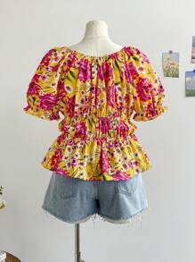 Soleia Plus Size Women Puff Sleeve Top, Vacation Bowknot Hollow Tropical Floral Print, Spring & Summer - Multicolor - View 2