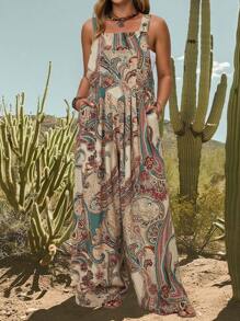 EMERY ROSE Plus Size Plant Print Pocketed Wide Leg Jumpsuit, Relaxed Fit,Summer Clothes,Vacation Outfits Woman / Vacation,Boho Women Clothing