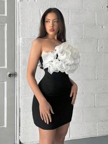 SHEIN Privé Women's Elegant Party Dress With Colorblock Zipper Decor, Bodycon Mini Bustier Dress