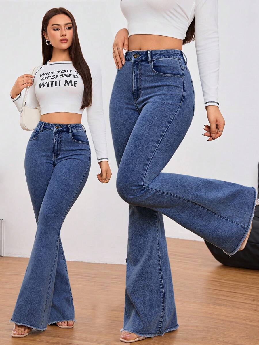 SHEIN Tall Solid Color Pocket Button Zipper Wide-Leg Jeans, Suitable For Everyday Wear - Dark Wash - View 1
