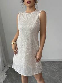 Chiquease 优雅香槟色亮片露背无袖短款上衣 A 字裙 - 香檳色 - 查看 5