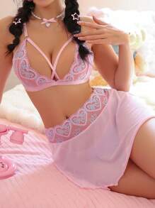 3pcs/Set Women Lace & Mesh Splicing Wireless Sexy Lingerie Set - Pink - View 5