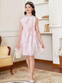 SHEIN DRMZ Tween Girl Tween Girl Plain Texture Fabric Splicing Satin Sleeveless Dress, 3D Design, Preintegrated
