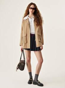SHEIN Unity Women's Plain Long Sleeve Zippered Front Pocket Casual Jacket For Autumn - Khaki - View 1