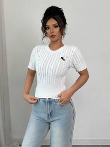 Chiquease Women Elegant Embroidered Pattern Crew Neck Fitted Short Sleeve Knit Top