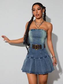 SHEIN ICON 休闲女式牛仔露肩褶边时尚连衣裙 - 淺色水洗藍 - 查看 5
