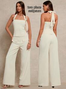Glamine Apricot Halter Tie Wrap Top & Straight-Leg Pants 2 Pieces Set, Simple Fitted Sexy Casual Women's Outfit, Early Spring New Arrival Solid Color Versatile Fashion Women 2 Pieces Outfits Women Sets Outfit Pants Sets For Women Women 2 Pieces Outfits