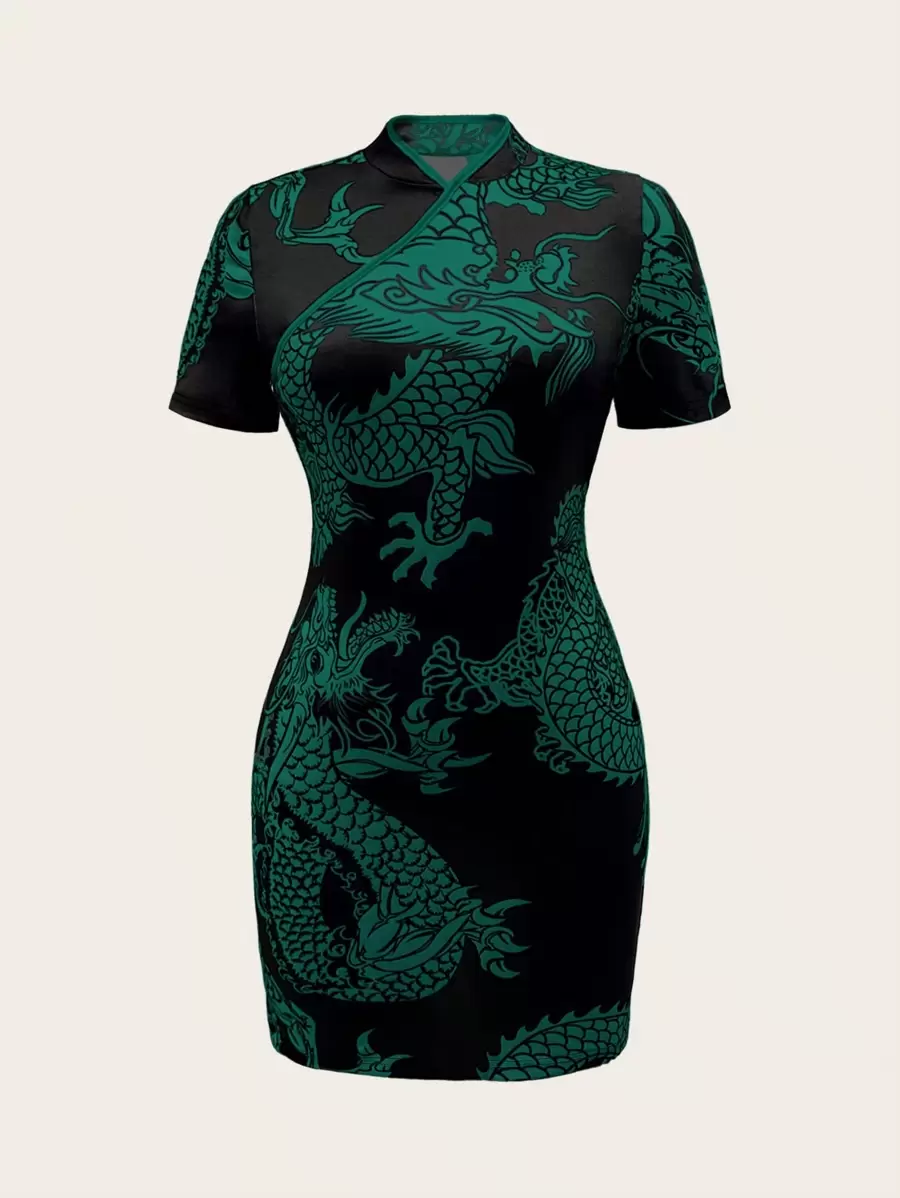 SHEIN Unity Chinese Dragon Print Random Cut Elegant Short Sleeve Dress ...