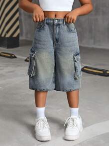 SHEIN Pantalones cortos informales de mezclilla azul vintage para niñas preadolescentes