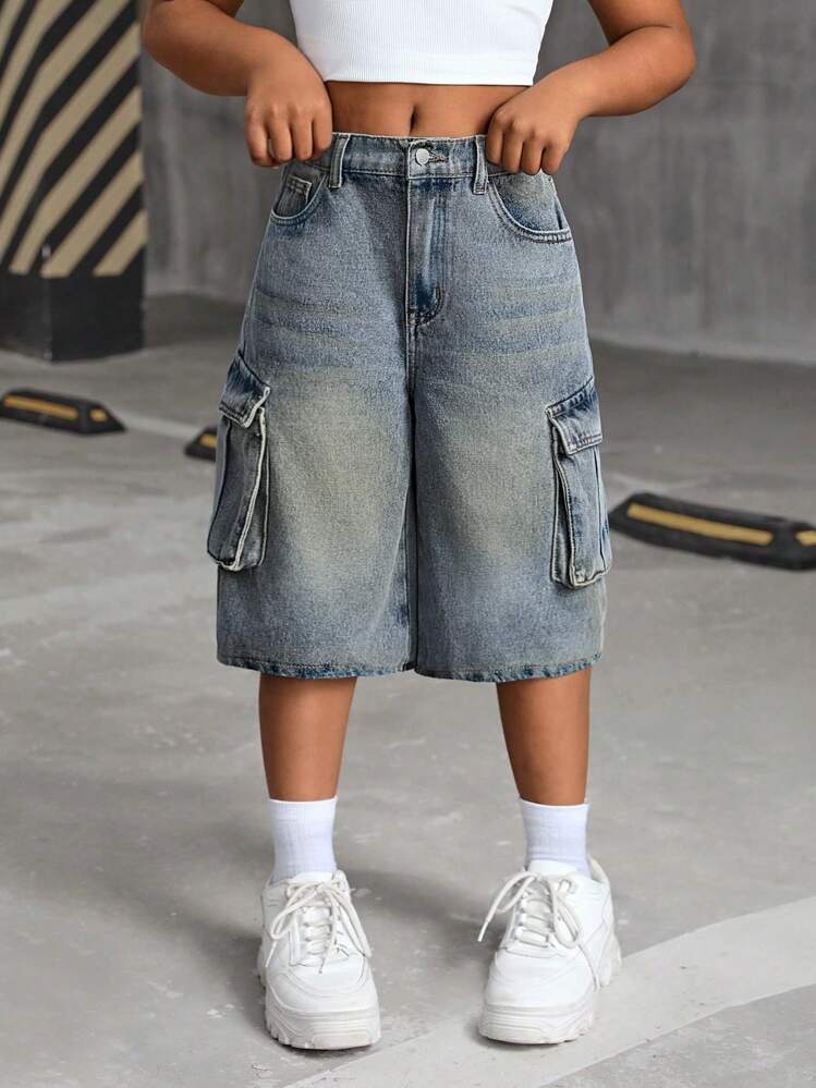 SHEIN Vintage Blue Loose Denim Shorts For Tween Girls - Light Wash - View 4