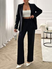 SHEIN Cottnline Elegant, Navy-Blue Suit, Striped Fabric, Button Jacket, Blazer Jacket, - Navy Blue - View 1