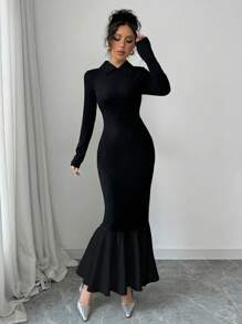 Elenzga 女士纯色拼布鱼尾领长袖连衣裙 - 黑色 - 查看 4