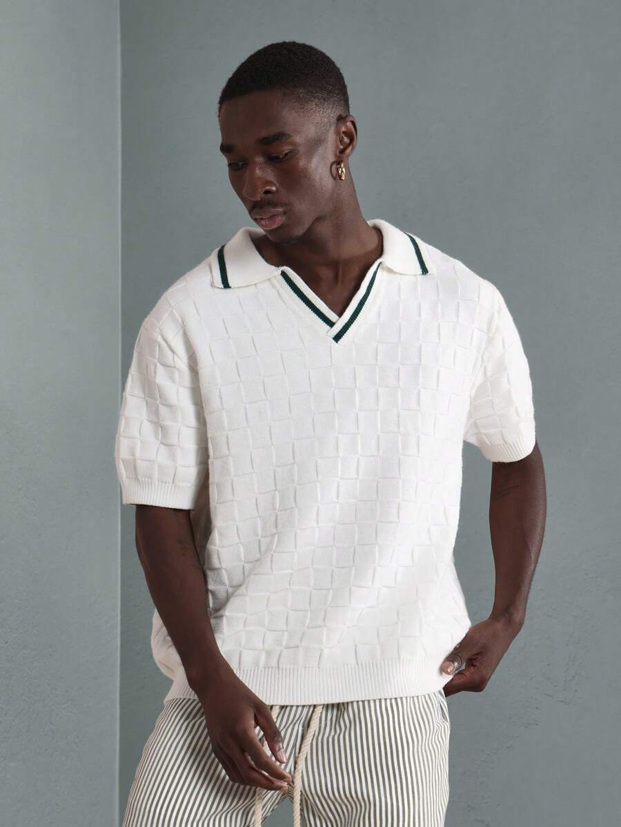 SUMWON Luxury Tennis Club Polo Sweater Checkered Knit Pattern Preppy ...