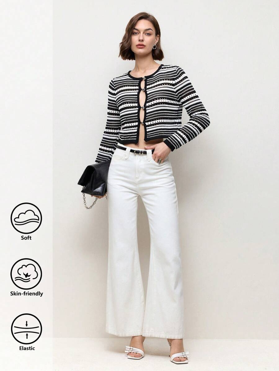 BizChic 优雅黑白条纹女士圆领长袖休闲镂空毛衣，适合春夏季 - 黑與白 - 查看 1