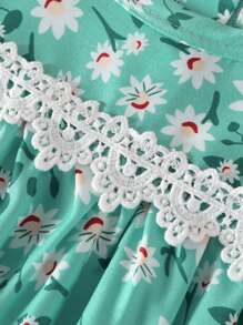 女婴褶皱花卉蕾丝拼接印花长袖睡衣裙，舒适家居服 - 綠色 - 查看 4