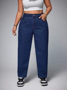 SHEIN ICON 女士加肥錐形休閒牛仔褲，帶口袋，萬能款式 - 深色水洗藍 - 查看 1