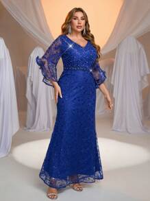 Glamrae Plus Size Lotus Pink Beaded & Rhinestone Adorned Ruffled Sleeve Lace Mermaid Formal Gown, Elegant Evening Dress For Gala - Royal Blue - View 4