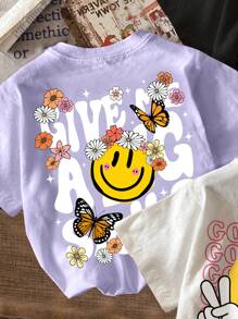 SHEIN 3pcs/Pack Tween Girls Casual Minimalist Cartoon Pattern Multiple T-Shirts, Suitable For Summer, School, Campus, College - Multicolor - View 5