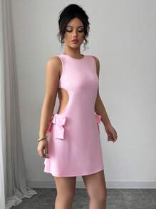 Elenzga Summer Vacation, Valentine's Day, Spring Festival Holiday Fashionable & Elegant Sexy Hollow Bowknot Mini Dress - Pink - View 7