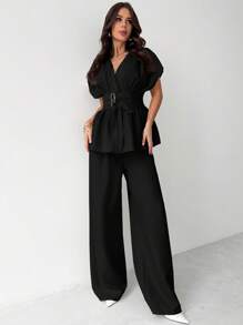 Firerie Nuevo conjunto de traje sastre elegante y sencillo para oficina con cárdigan de fibra de bambú color albaricoque de cuello en V con cintura ceñida y pantalón de pierna ancha de talle alto, conjunto de ropa de trabajo