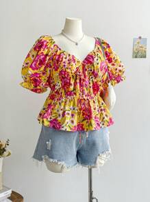Soleia Plus Size Women Puff Sleeve Top, Vacation Bowknot Hollow Tropical Floral Print, Spring & Summer - Multicolor - View 8