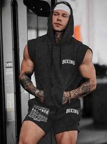 Manfinity Fitness Men's Letter Print Drawstring Hoodie & Shorts Sports Suit Men Shorts Set